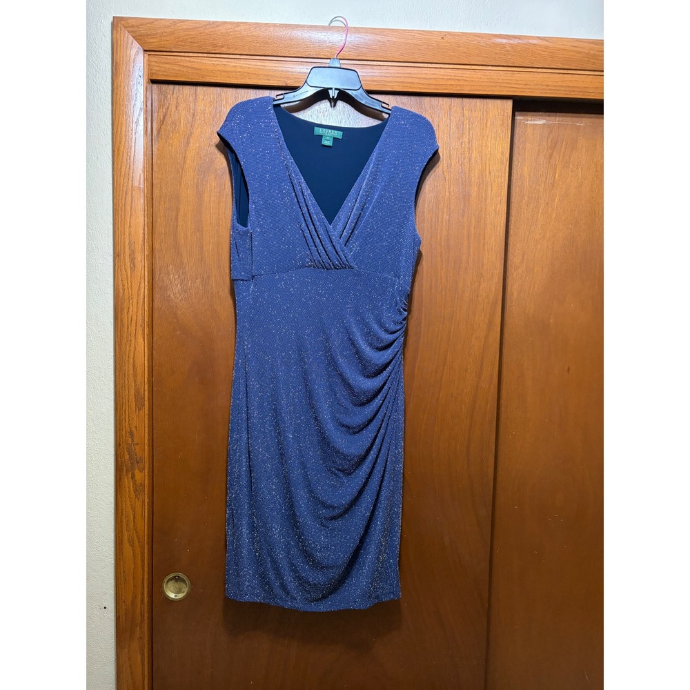 Lauren Ralph Lauren Metallic Navy Blue Ruched V-Neck Cocktail Dress Size 14